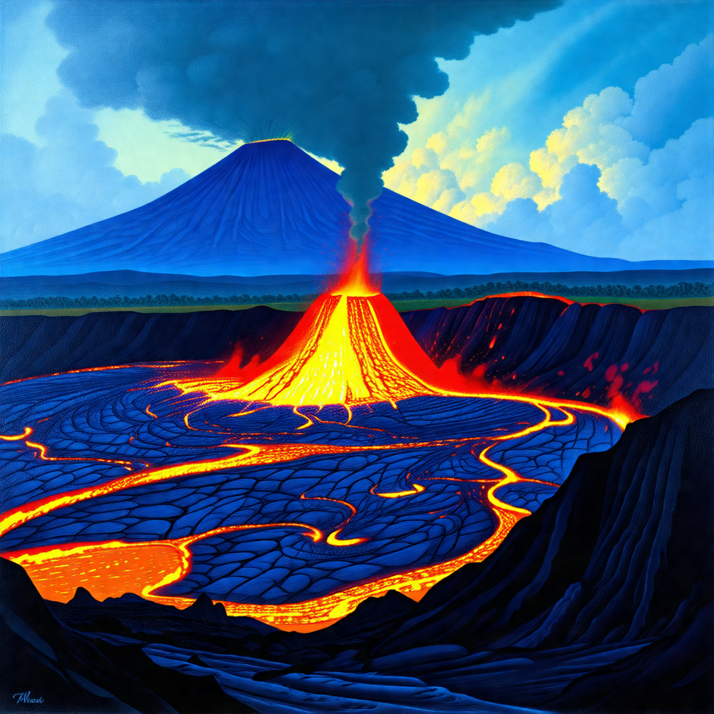 Volcano with a large amount of lava flowing out of it