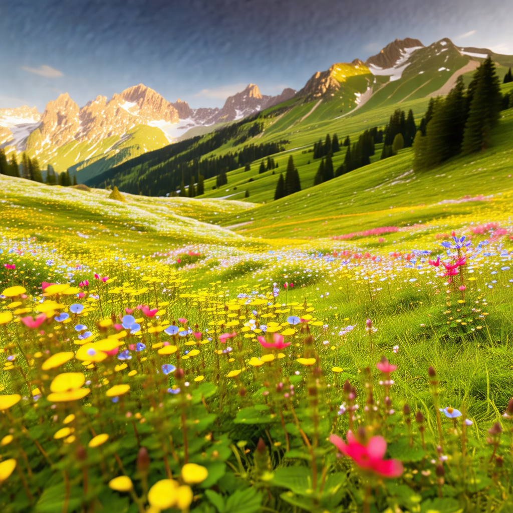 Beautiful, lush green field with a variety of flowers sca...
