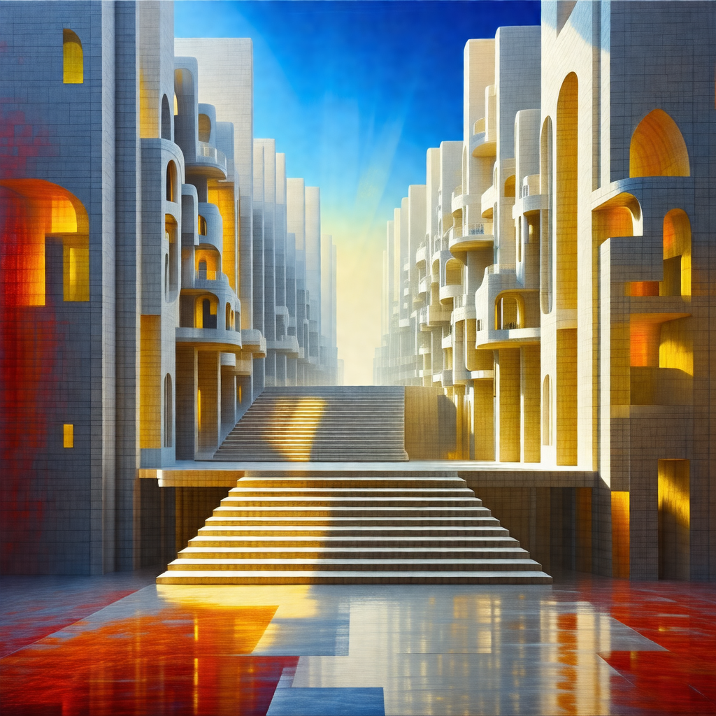 Painting of a city street with a large building in the ba...