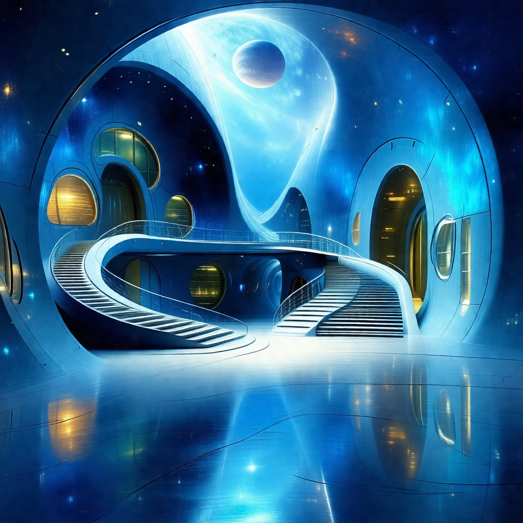 Futuristic space station with a large, curved glass wall
