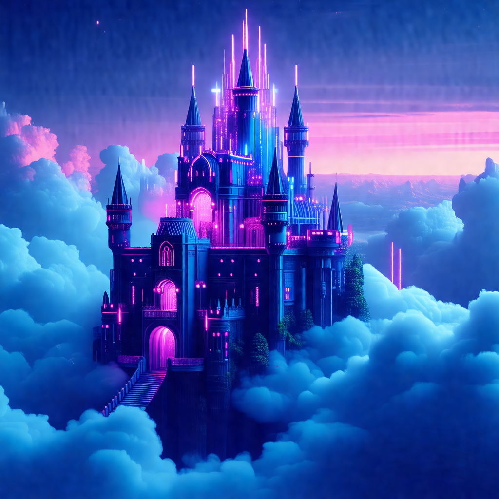 Large, purple castle with a bridge leading to it