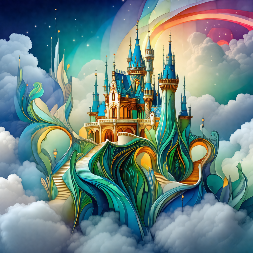 Colorful painting of a castle, with a blue and white colo...