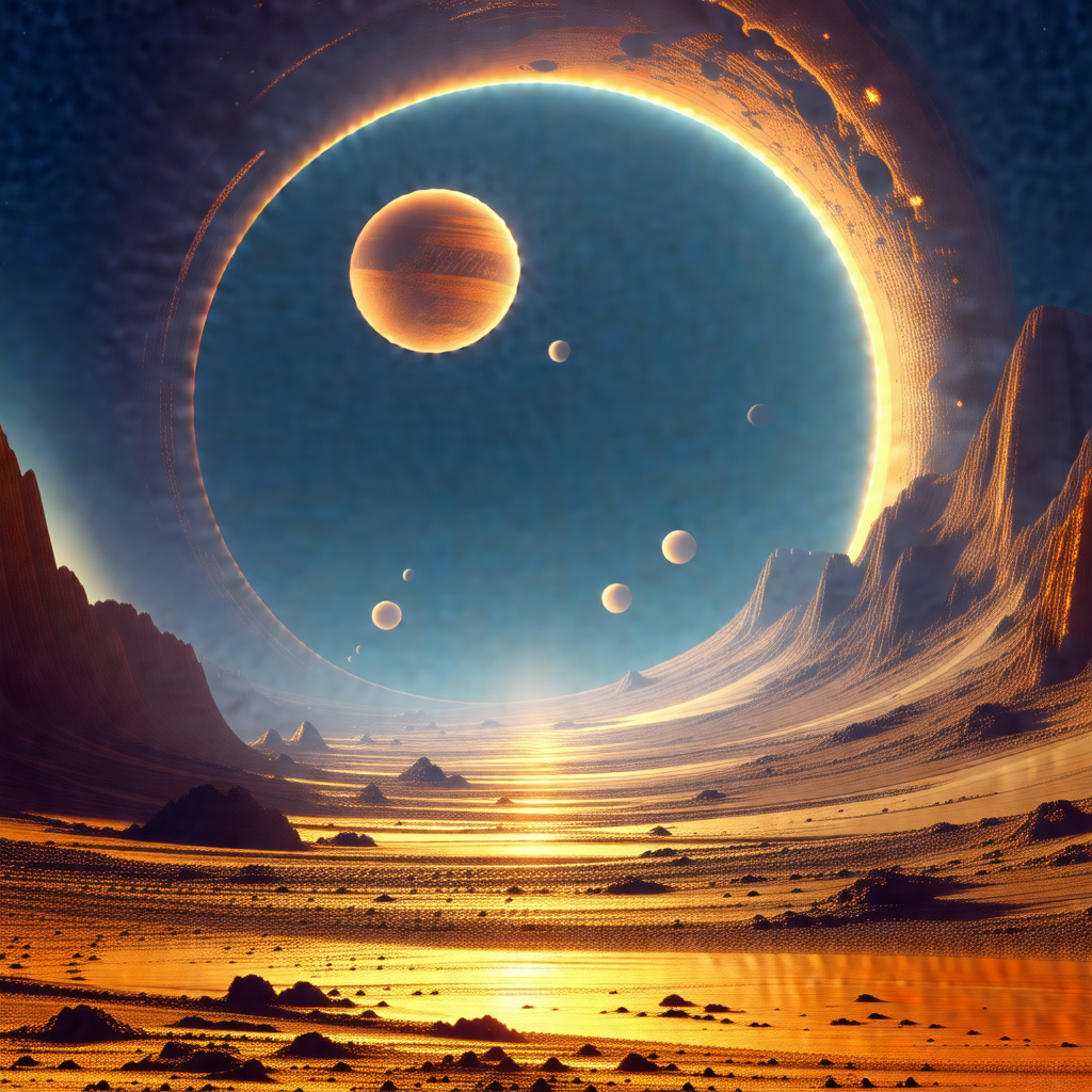 Futuristic scene with a large, glowing sun in the center ...
