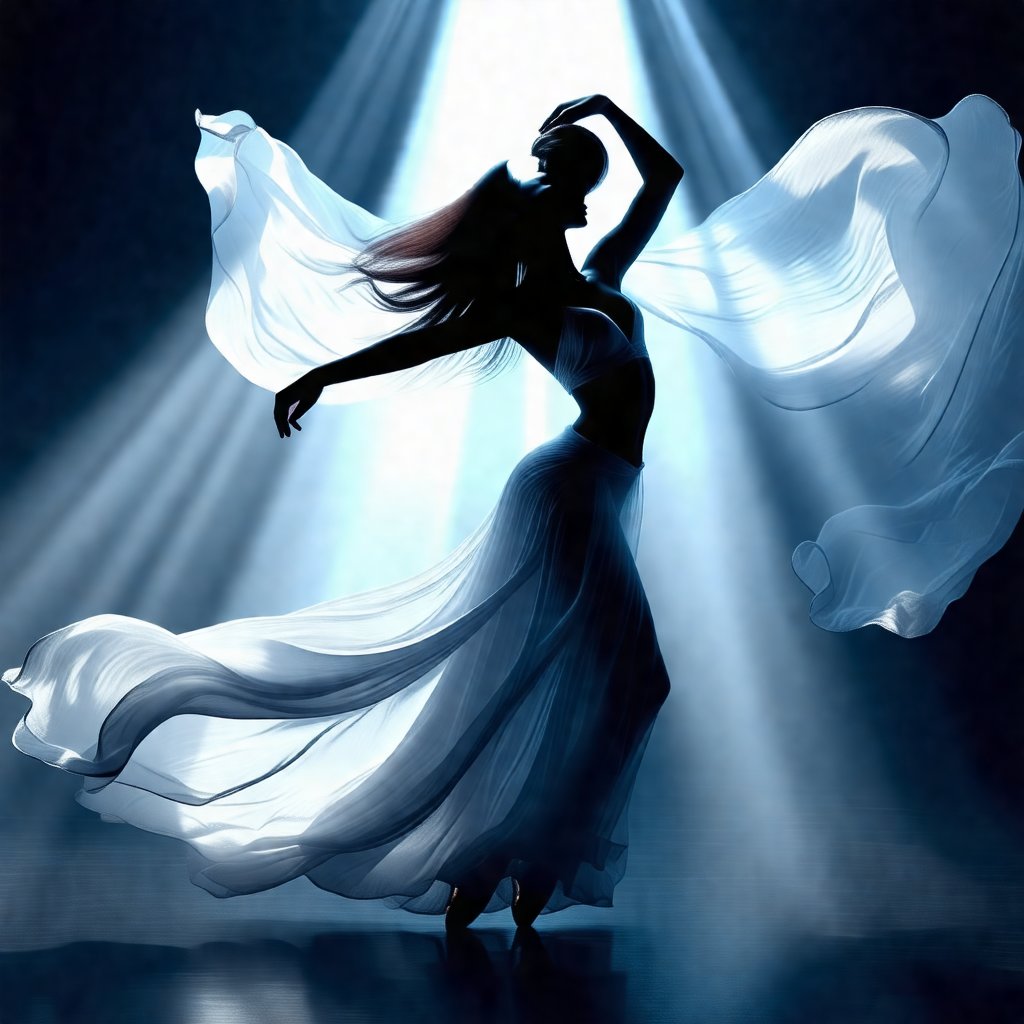 Woman in a white dress, standing in a dark room and dancing