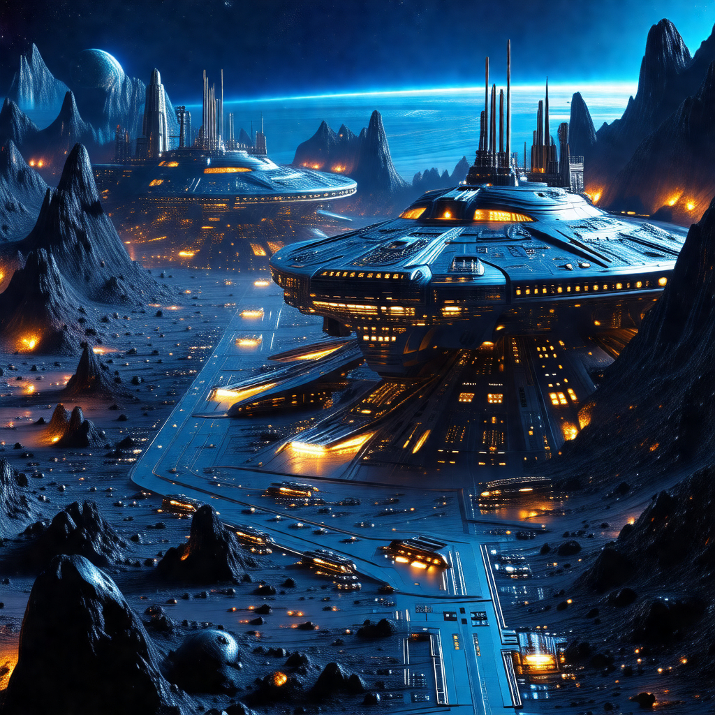 Futuristic scene featuring a large spacecraft with a dome...