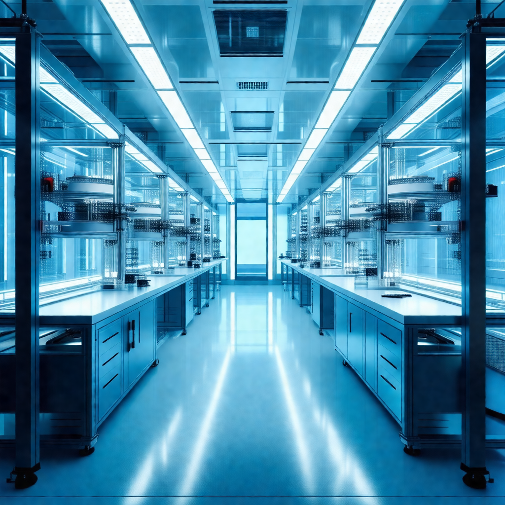 Large, clean, and well-lit laboratory with a blue color s...
