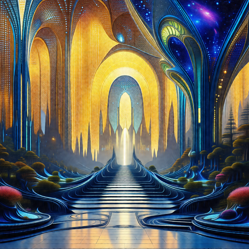 Digital painting of a futuristic city with a long, windin...