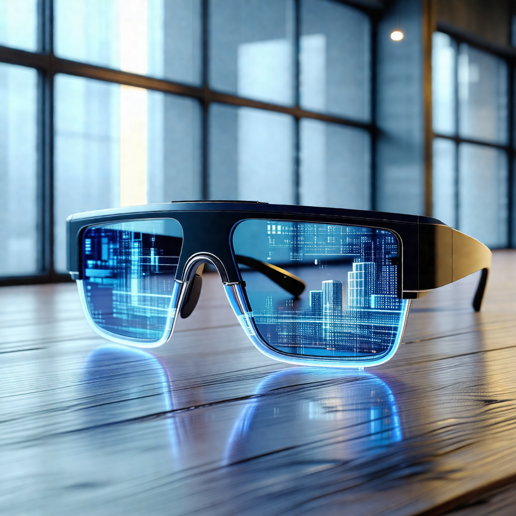 Pair of futuristic blue glasses, which are placed on a wo...