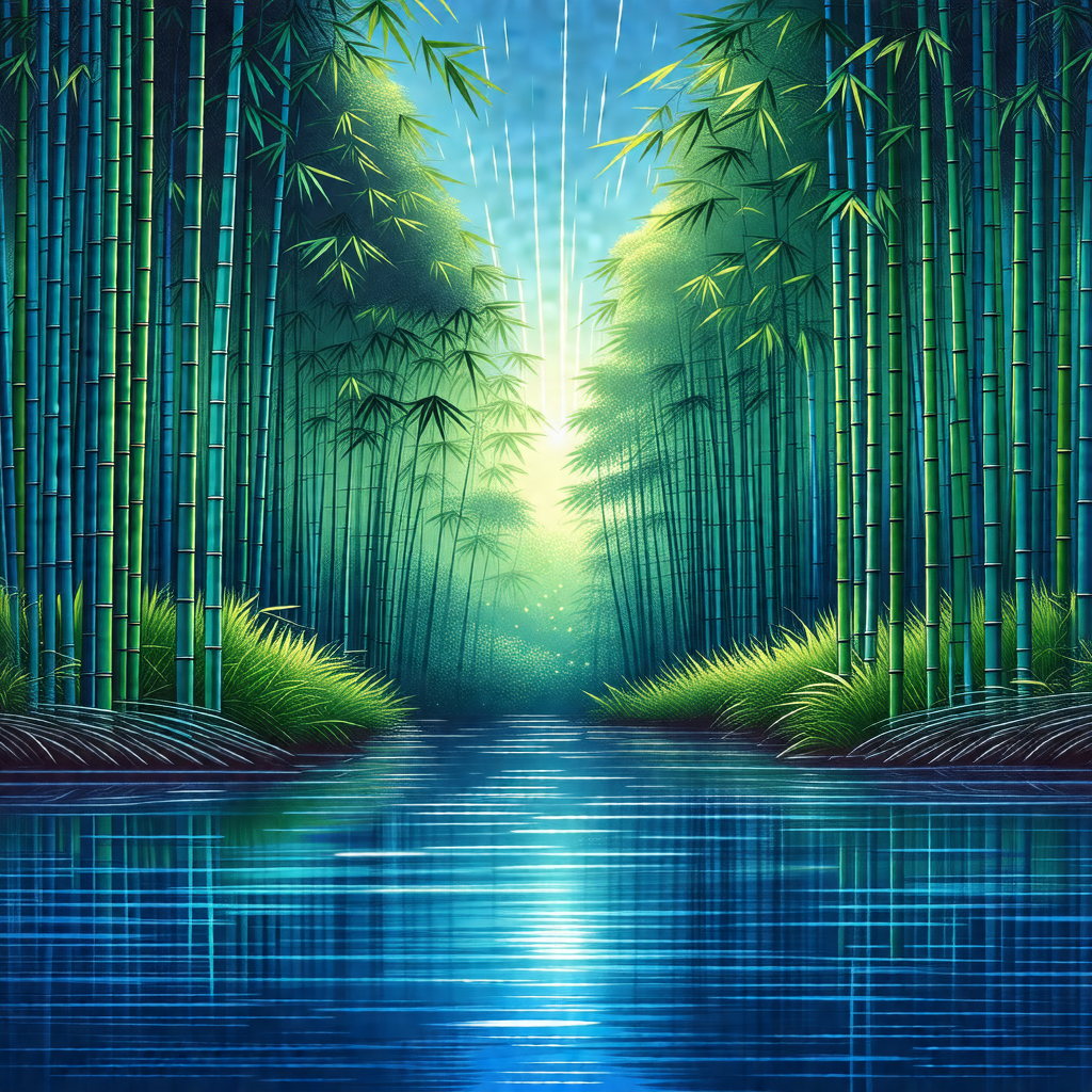 Serene scene of a river surrounded by a forest of bamboo ...