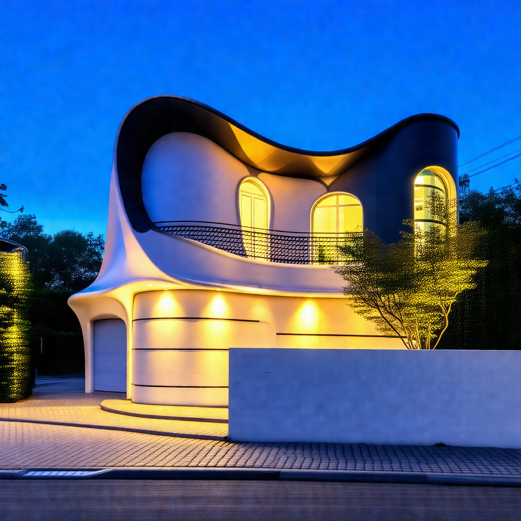 Large, modern-looking house with a unique, curved design