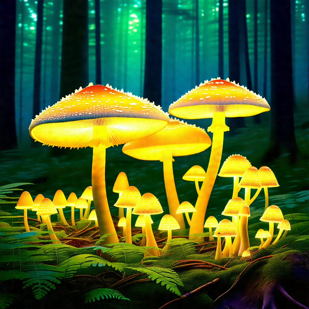 Forest with a group of brightly lit mushrooms growing on ...