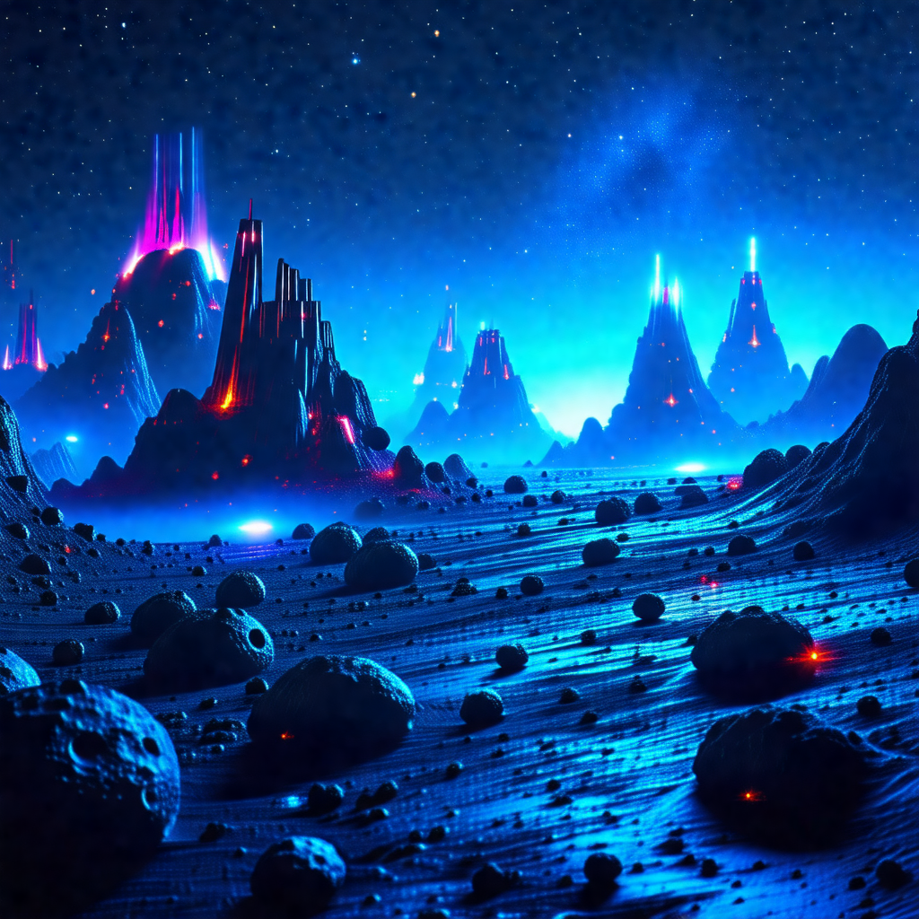 Digital painting of a futuristic landscape with a blue sk...