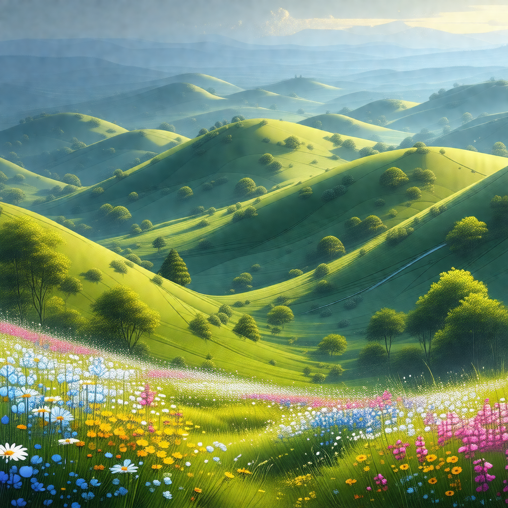 Lush green hillside with a beautiful mountain range in th...