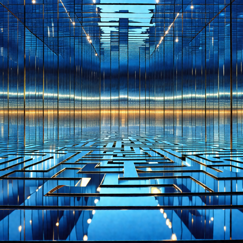 Blue-toned photograph of a large, open space with a refle...
