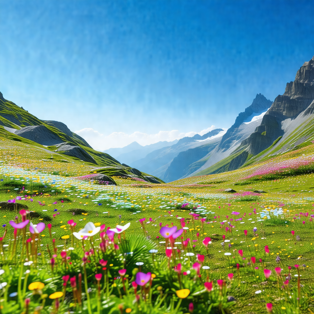 Beautiful, lush green field with a mountain range in the ...
