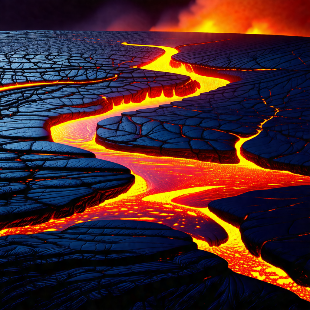 Large, red, and orange lava flow, with a river of lava fl...