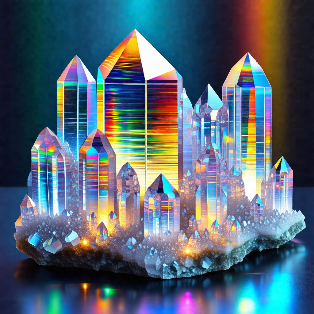 Large, colorful crystal structure that resembles a cityscape