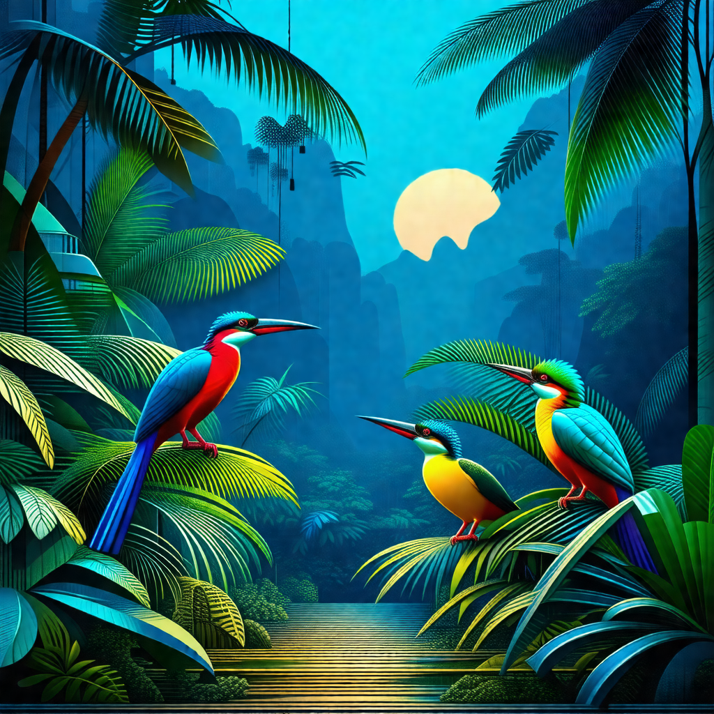 Colorful painting of a tropical forest