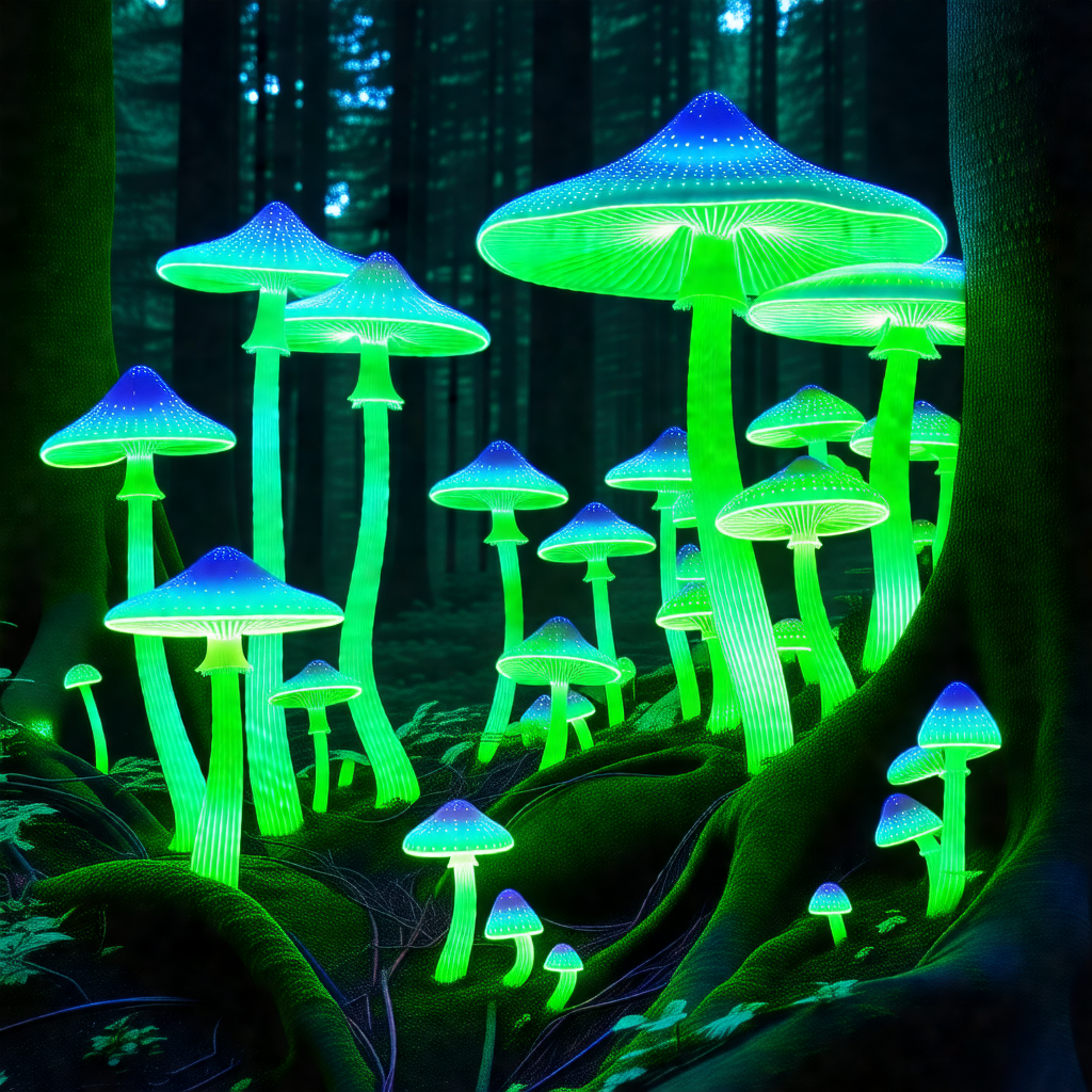 Forest with a group of glowing mushrooms scattered throug...