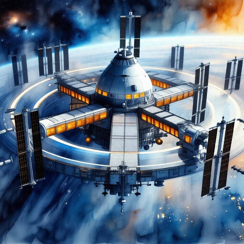 Futuristic drawing of a space station with a large centra...