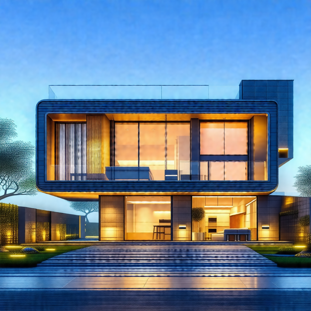 3d rendering of a modern house with a large glass wall
