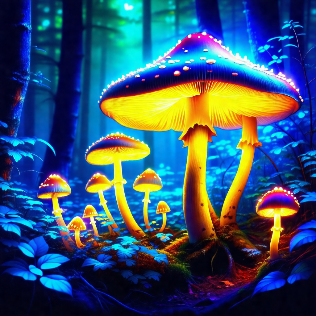 Group of glowing mushrooms in a forest setting