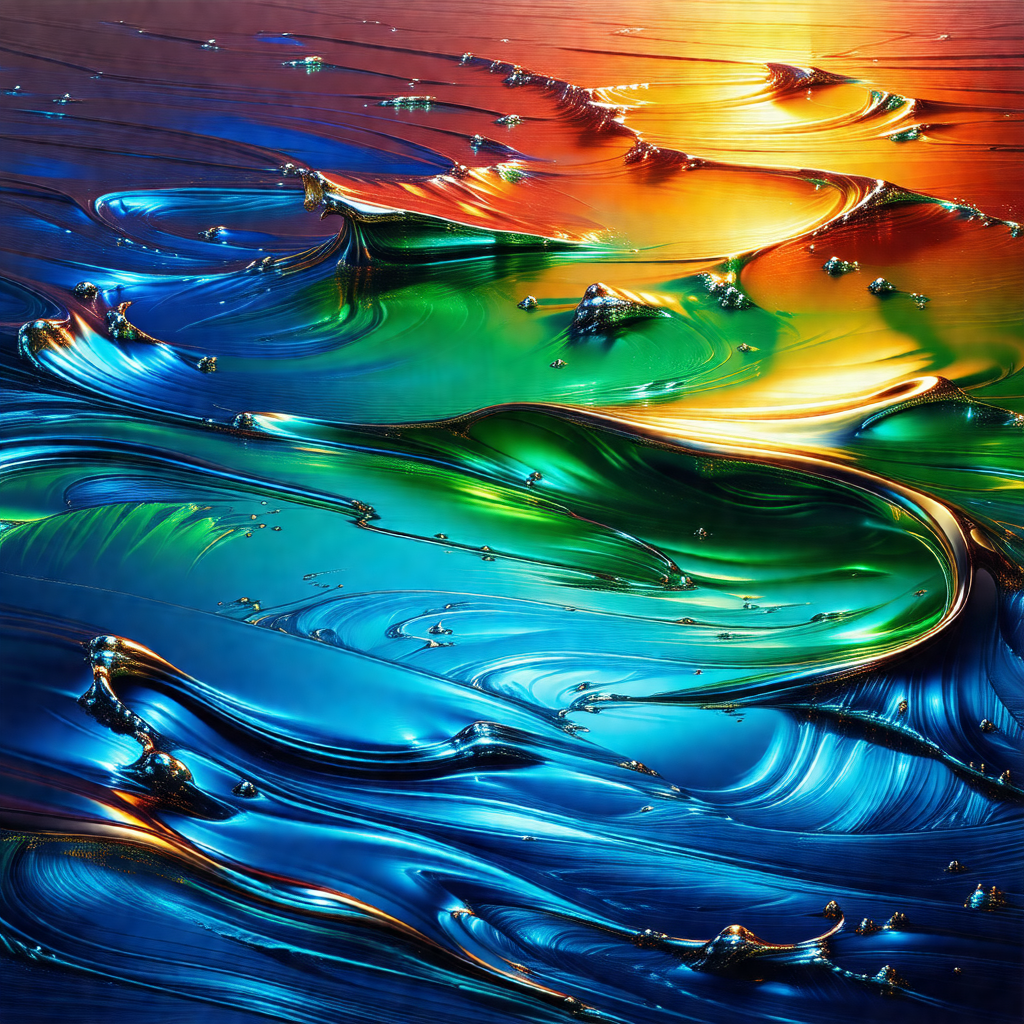 Painting of a colorful, swirling ocean scene