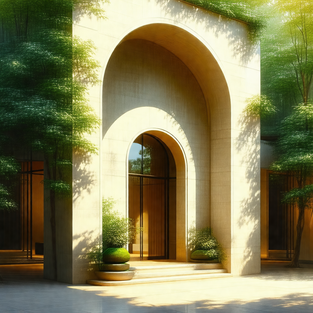 Large, modern building with a large archway and a large w...
