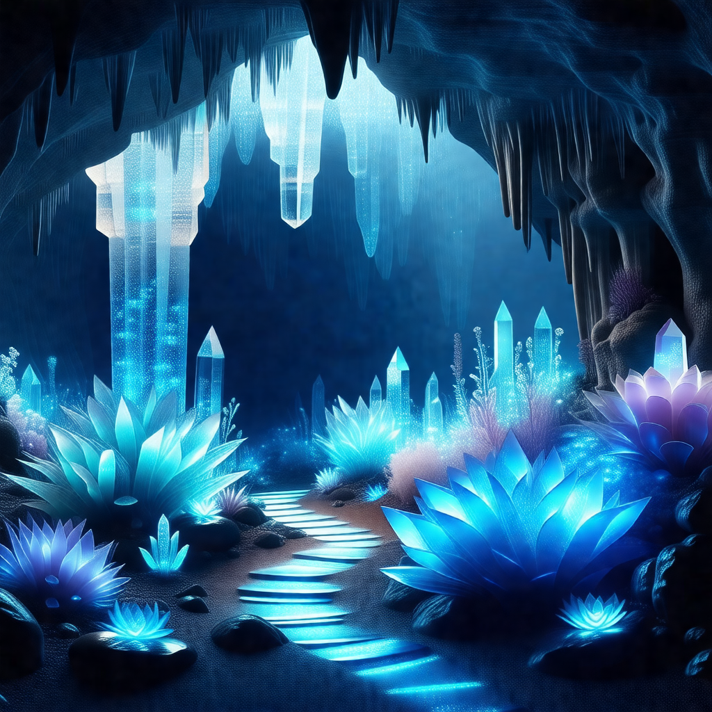 Computer-generated artwork of a cave with a blue light il...