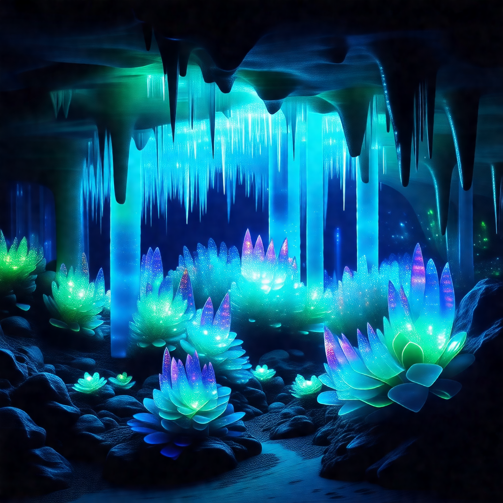 Cave with a blue light illuminating the area