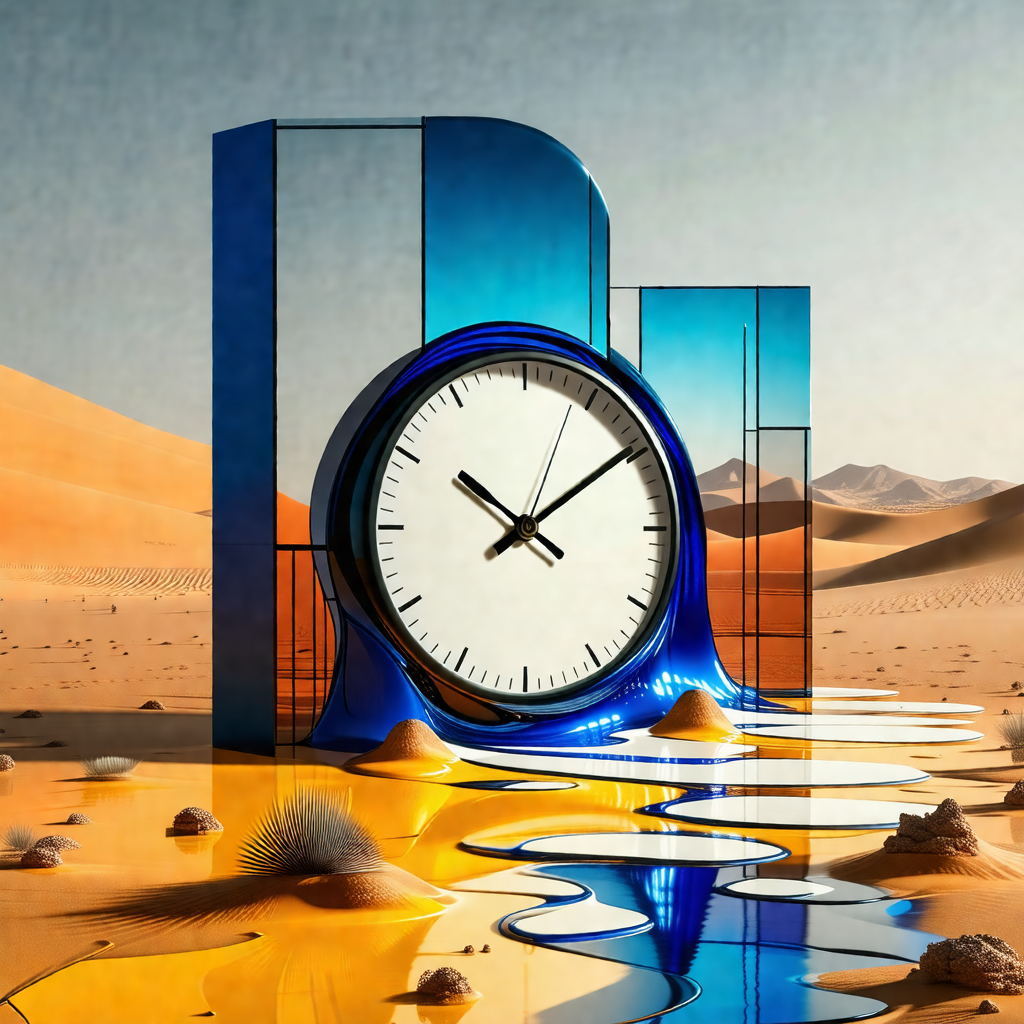 Large, blue clock with a white face, placed in a desert-l...