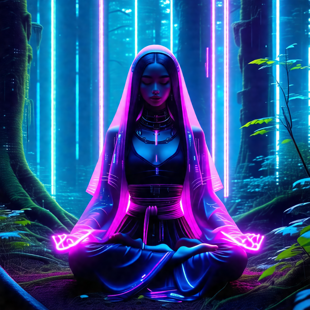 Woman sitting in a forest, surrounded by trees