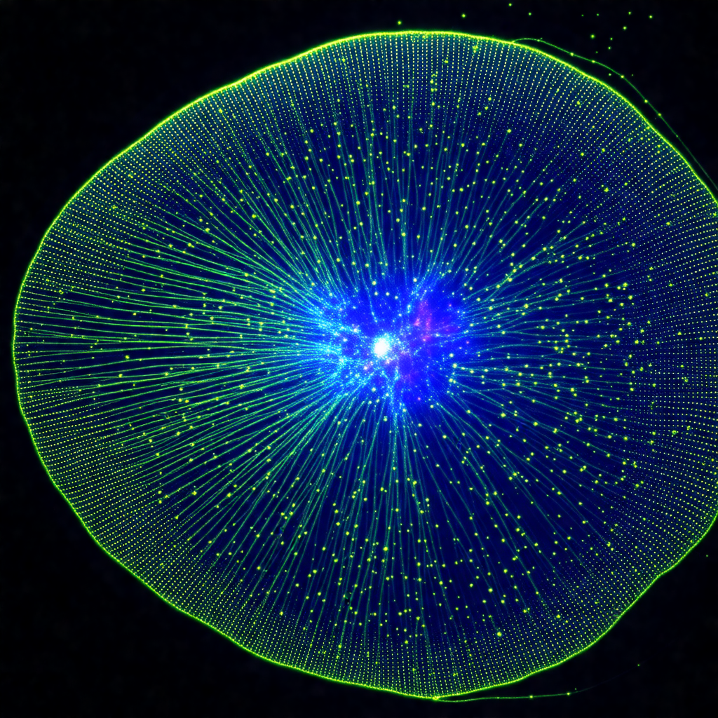 Large, brightly lit blue sphere with a green center