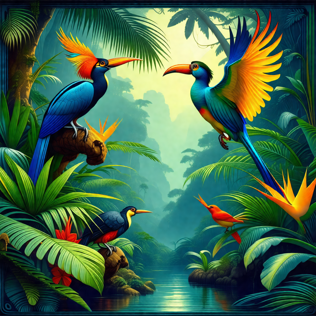 Lush, tropical forest filled with a variety of birds