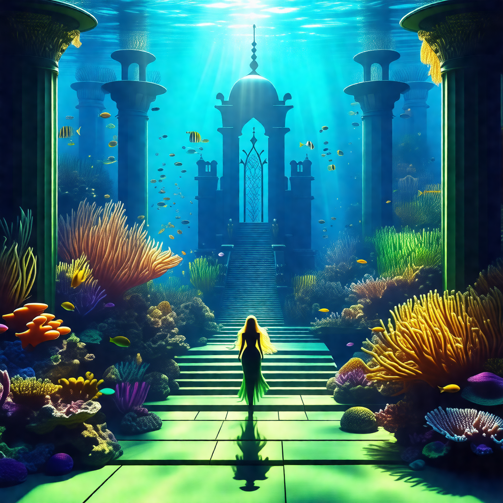 Digital painting of a woman walking down a staircase in a...