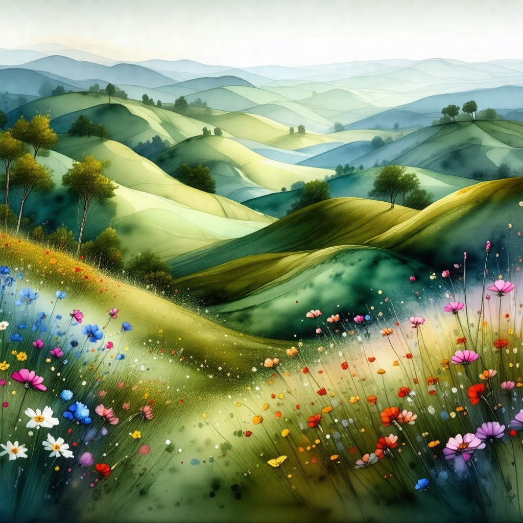 Painting of a beautiful, lush green hillside with a mount...