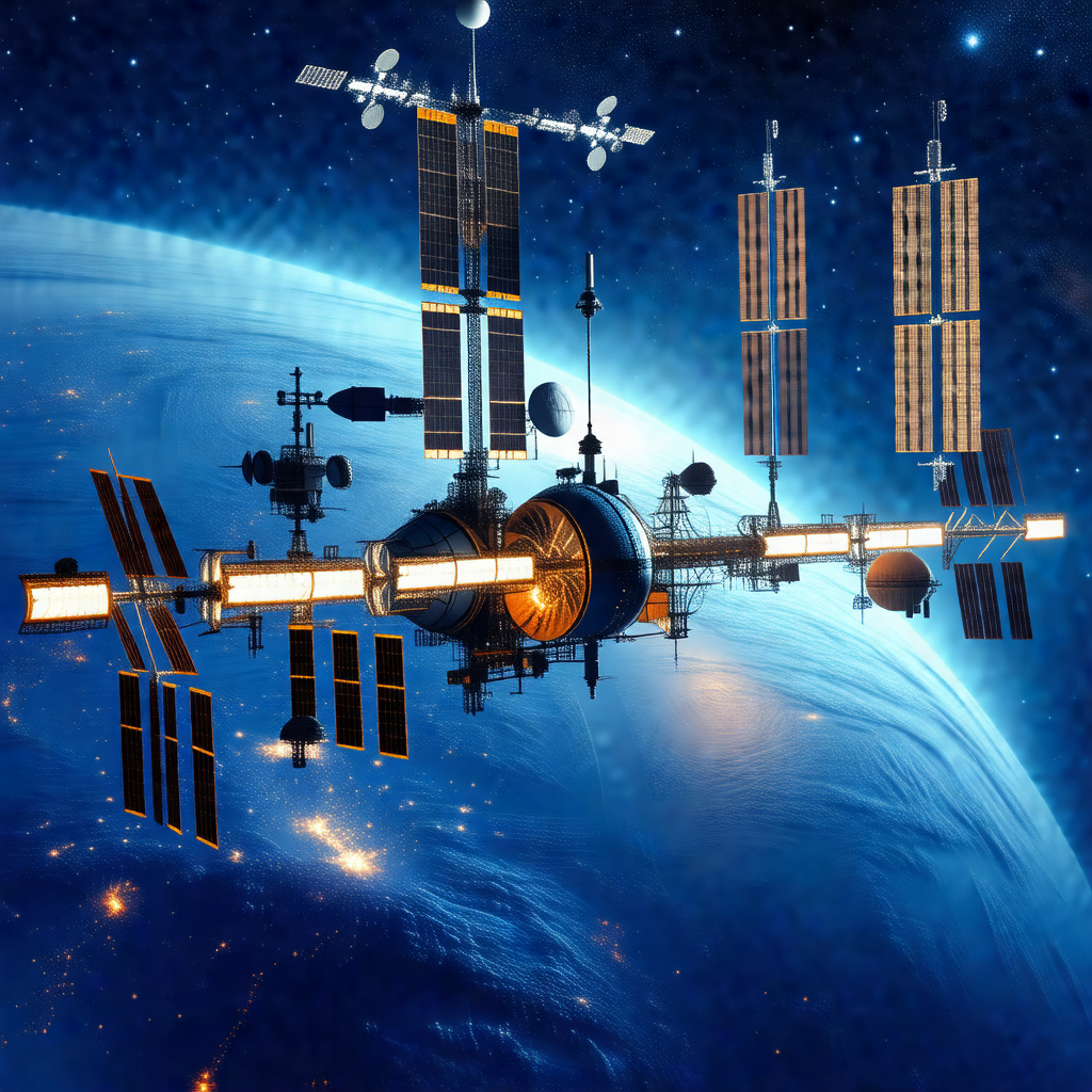 Large space station with a dome-shaped structure, surroun...