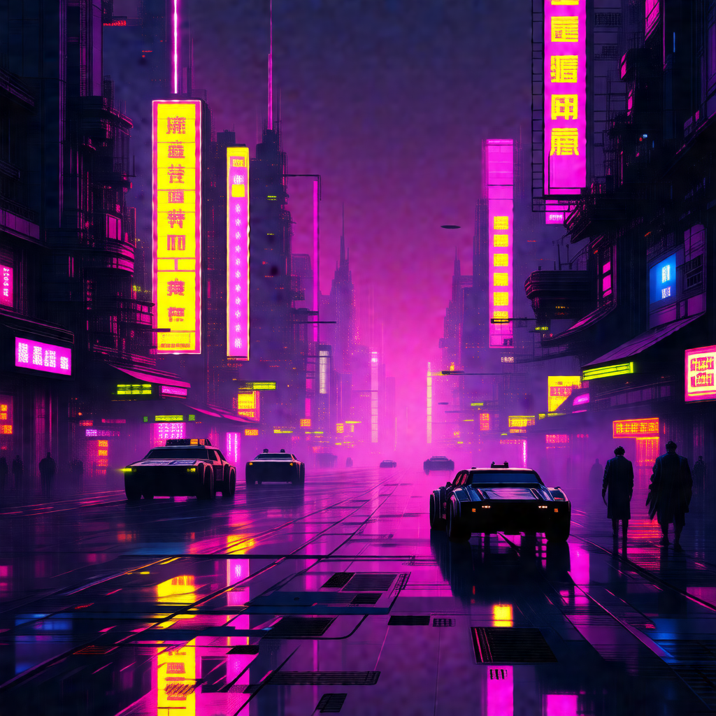 Futuristic cityscape with a purple hue, featuring a busy ...