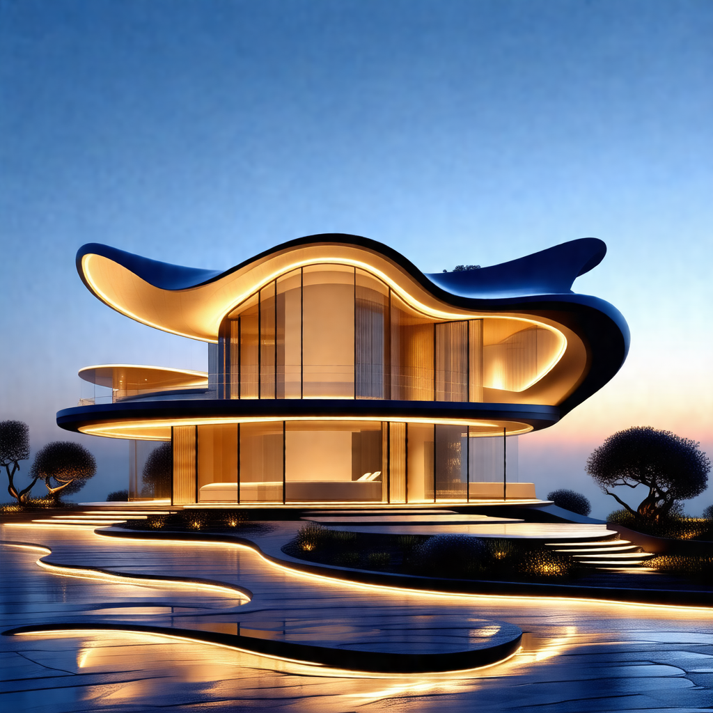 Large, modern-looking house with a unique, curved design