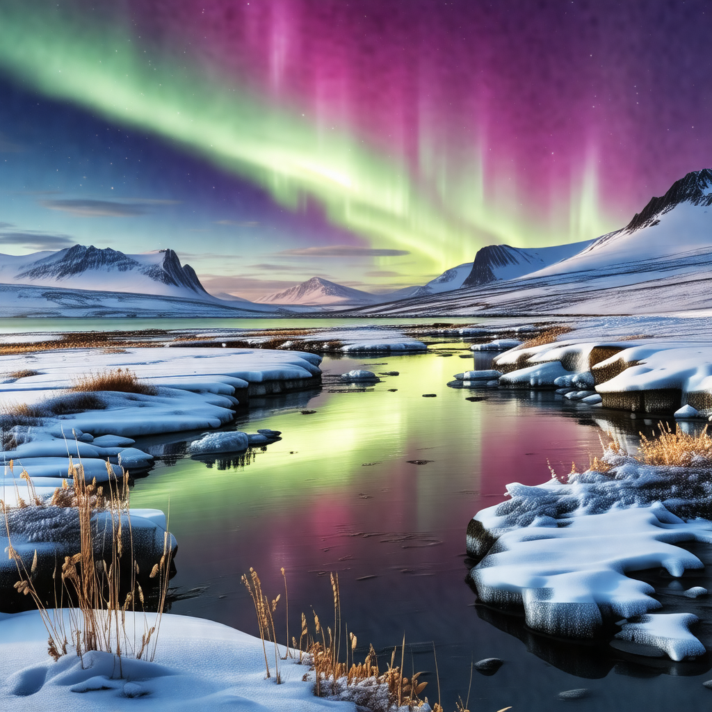 Captures a beautiful scene of a frozen lake surrounded by...