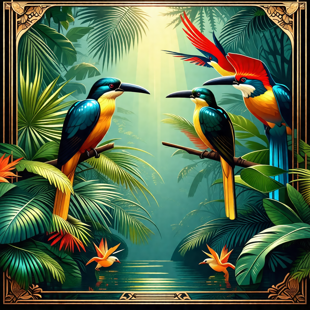 Lush green forest with a variety of birds perched on tree...