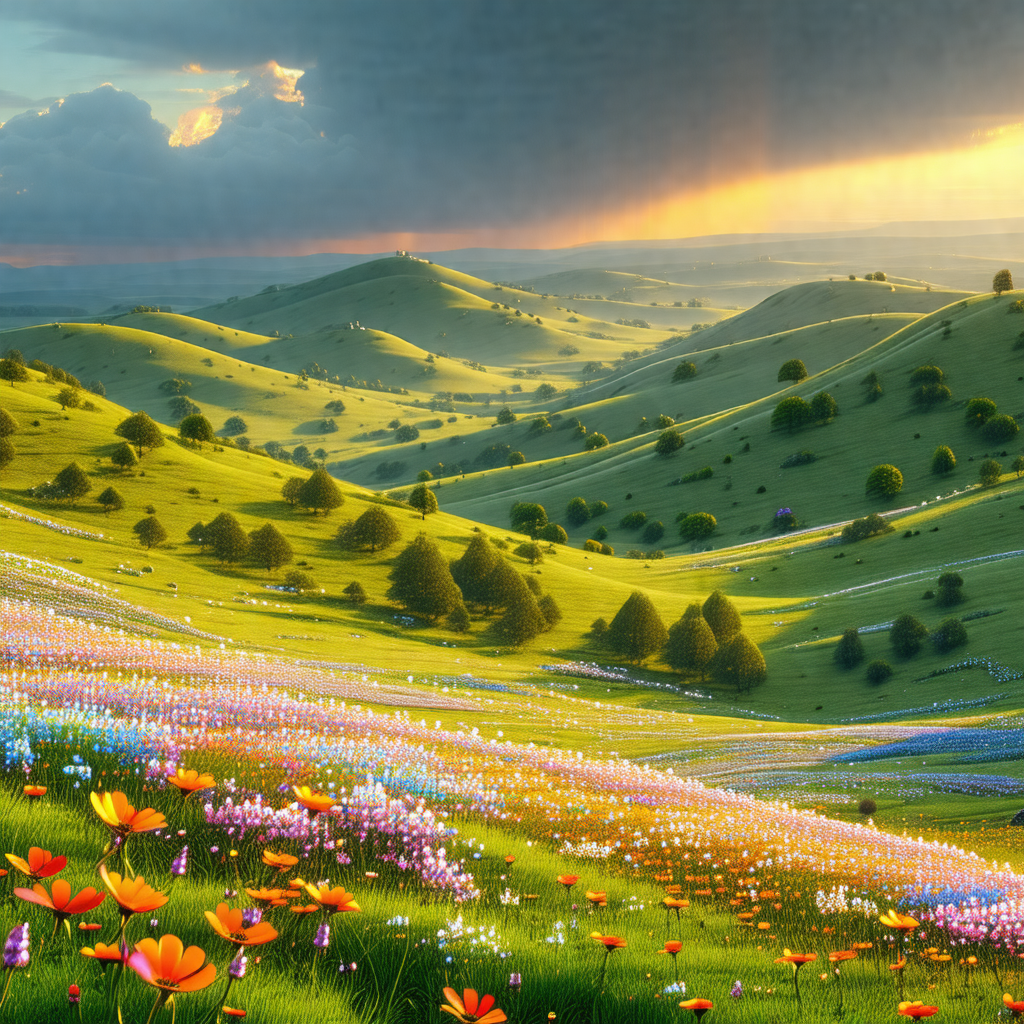 Beautiful, lush green hillside with a vibrant, colorful f...