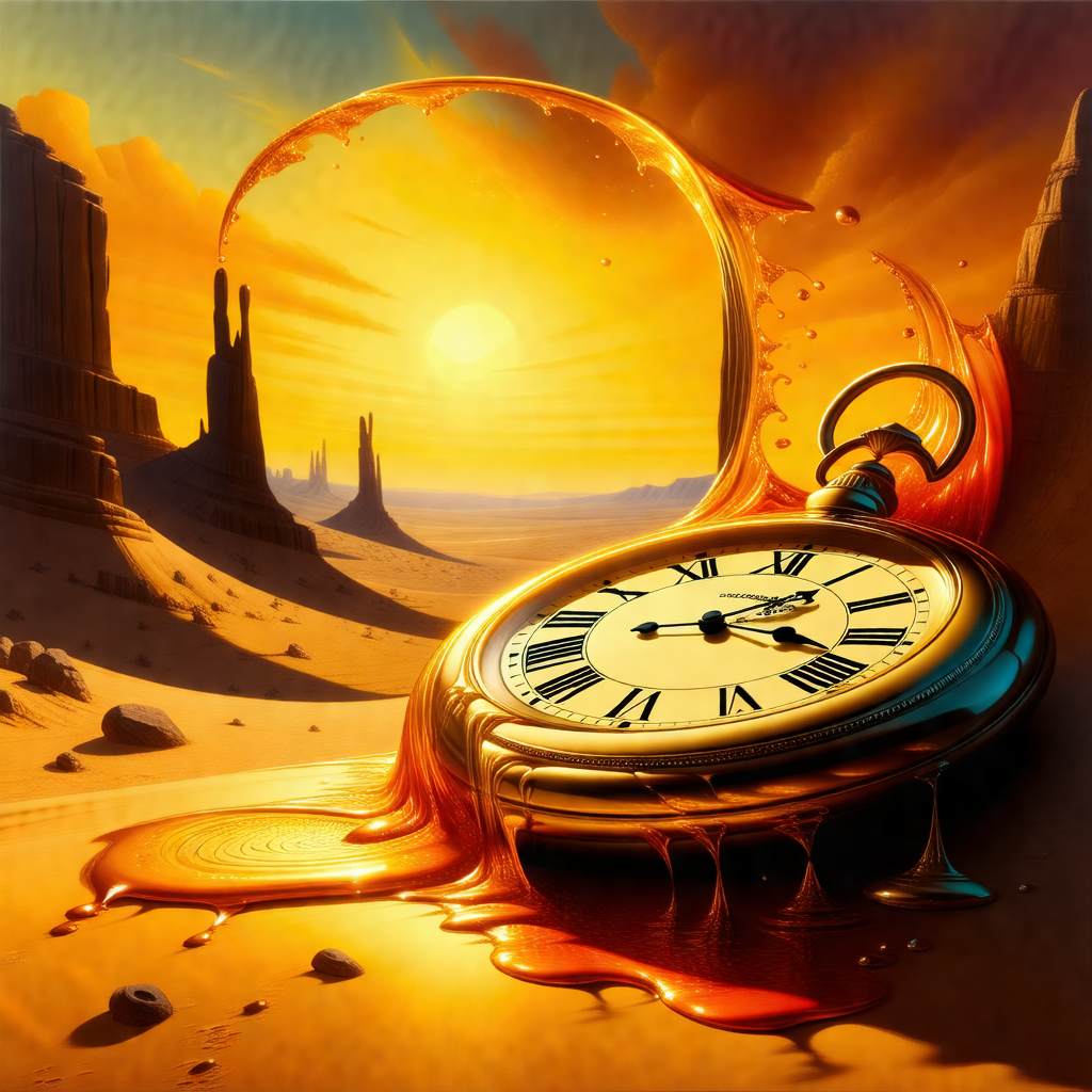 Clock with a golden frame, placed in a desert-like setting