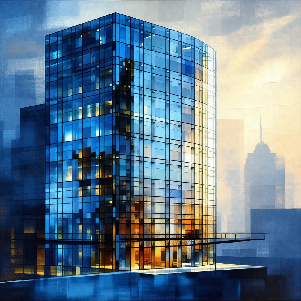 Painting of a tall, blue building with many windows