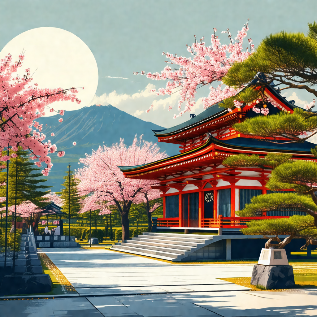 Painting of a japanese garden with a red building in the ...