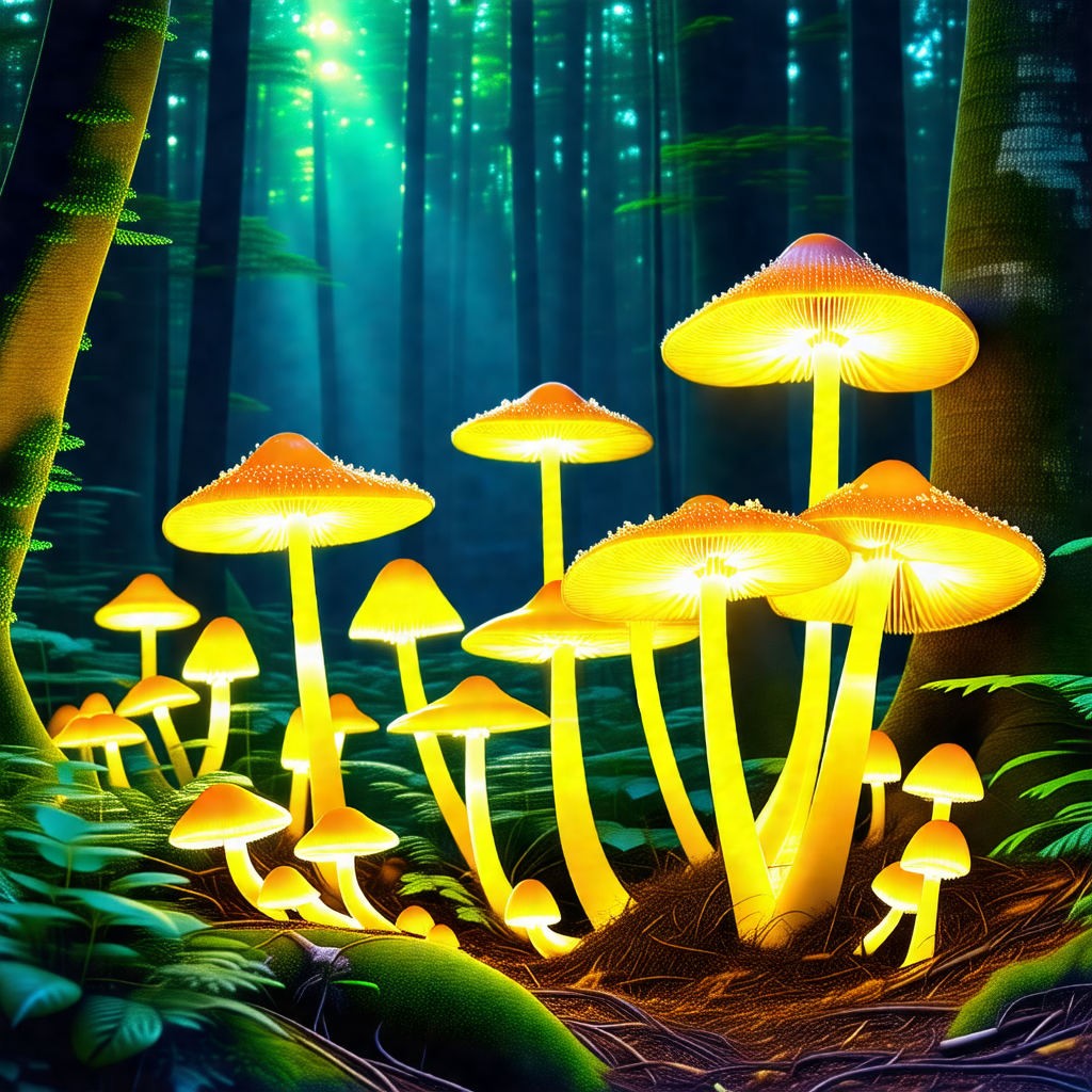 Forest with a group of mushrooms glowing in the dark