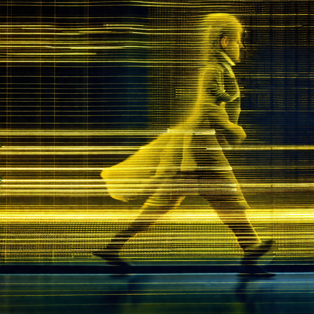 Blurry, yellow-tinted photo of a person walking