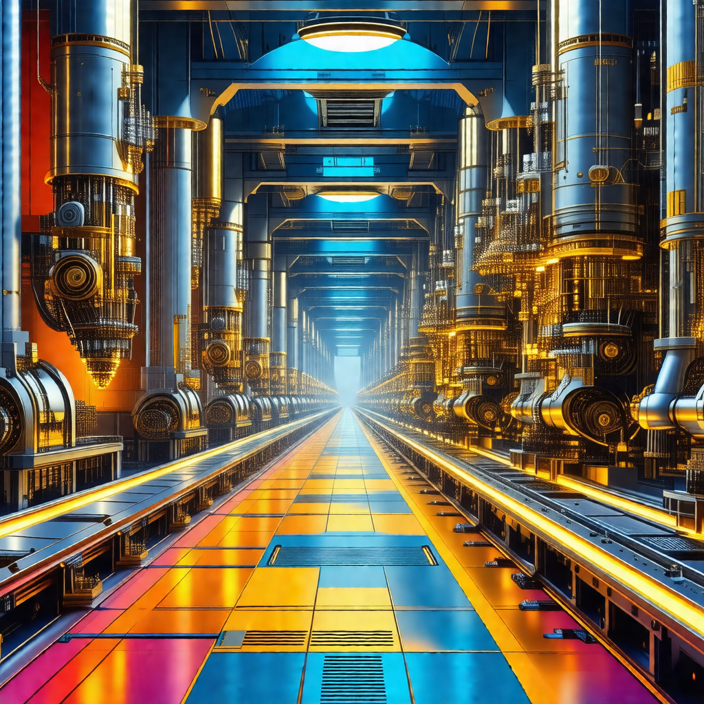 Colorful, futuristic illustration of a factory with a lon...