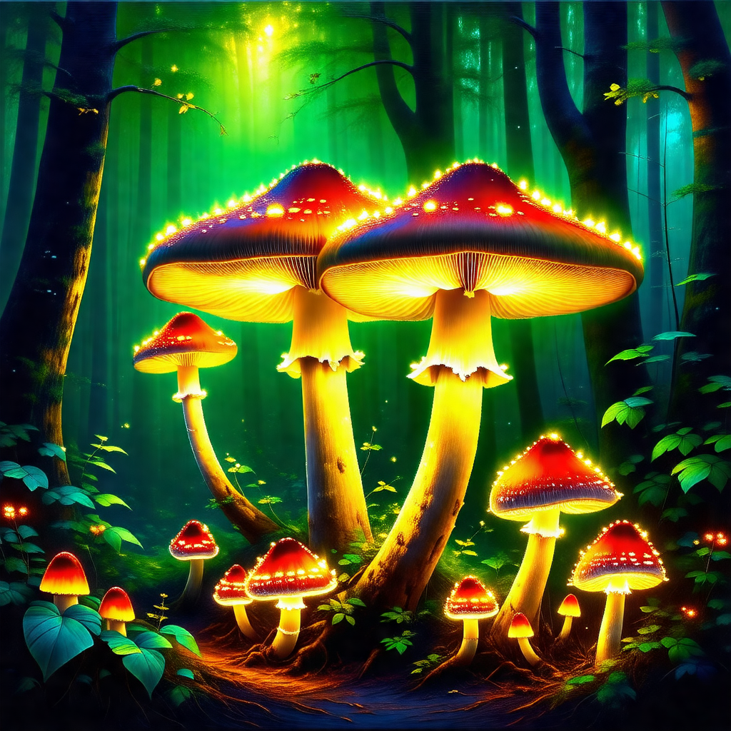 Forest with a group of mushrooms glowing in the dark