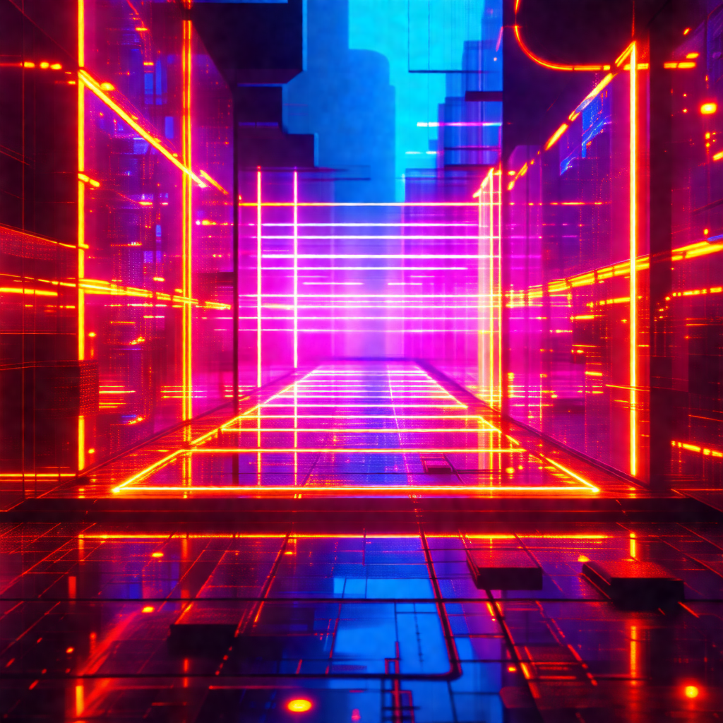 Futuristic, neon-lit scene with a long, narrow hallway